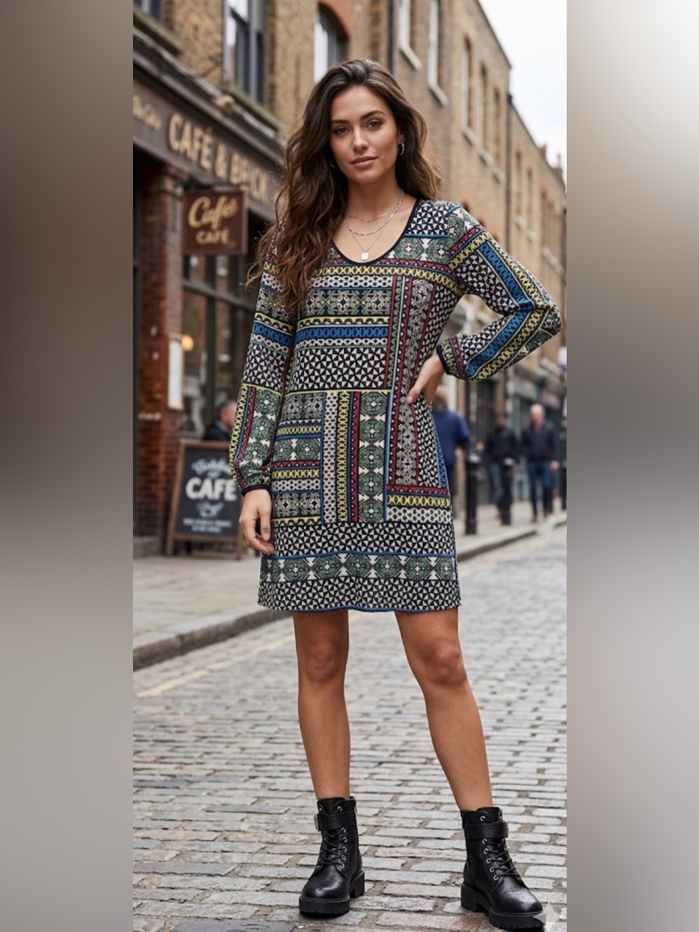 Chelsea & Theodore Black Multicolor Long Sleeve Dress
